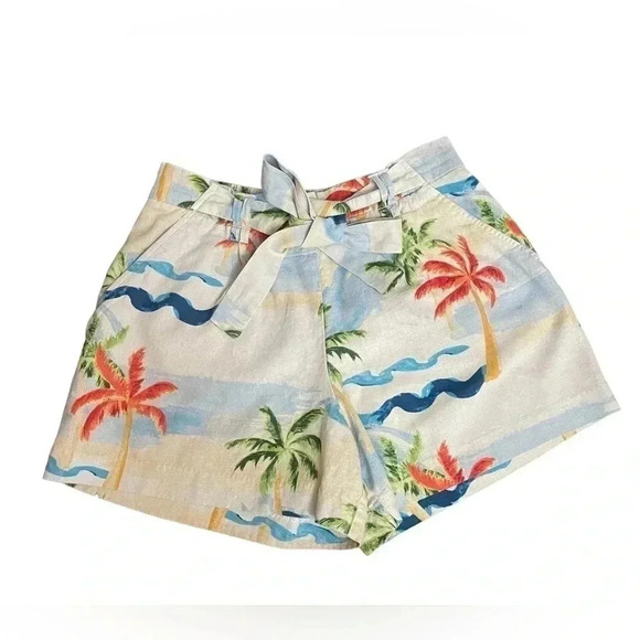 C&C California Tropical Beach Palm Tree Belted Linen Blend Shorts Womens Size 8 - Picture 1 of 11